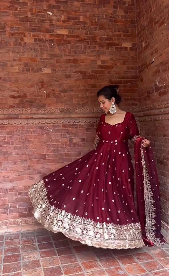 Maroon Bridal Anarkali Gown with Heavy Golden Embroidery  Wedding & Festive Ethnic Wear for Women - Image 5