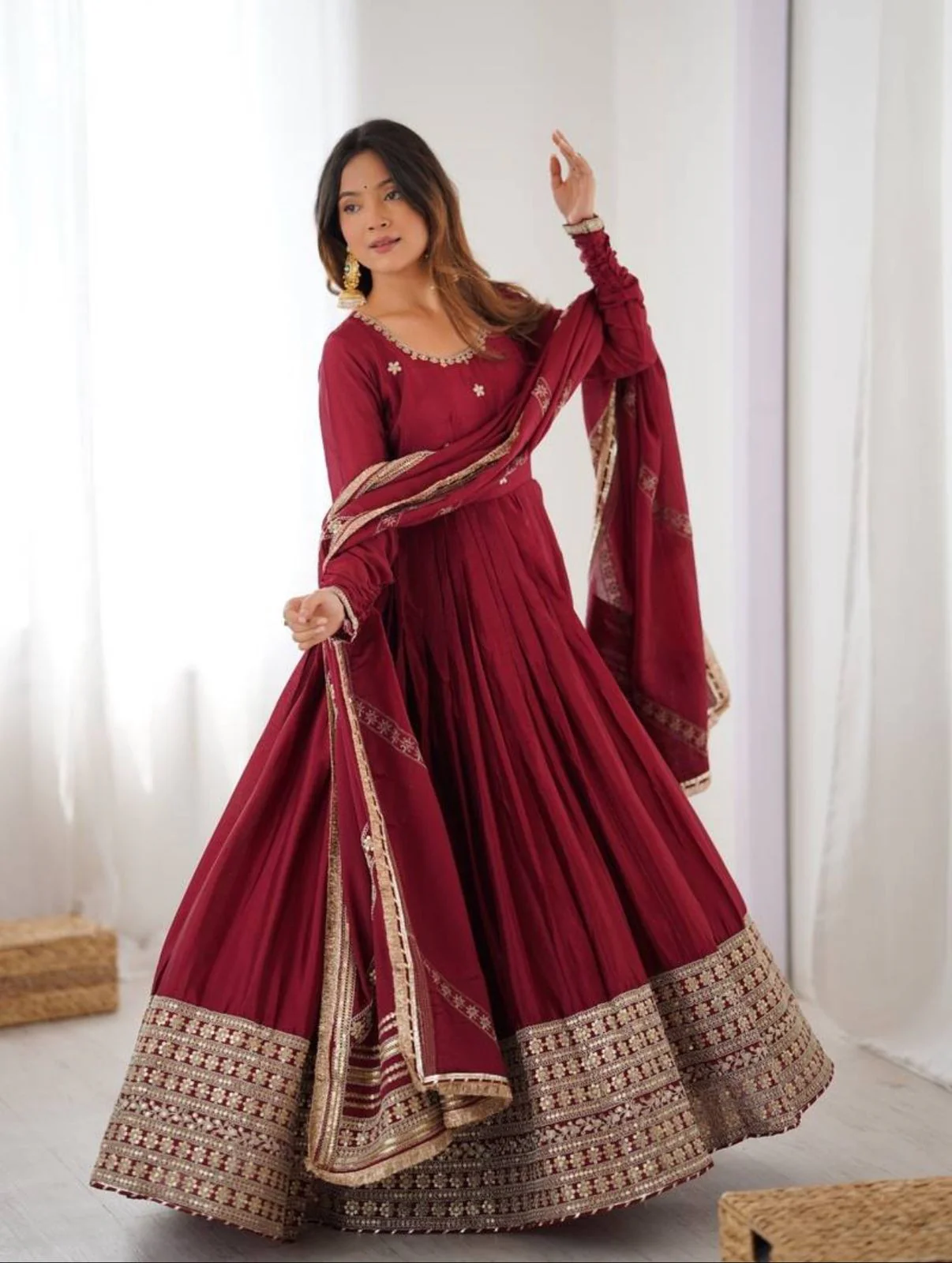 Amrapali Trend Maroon Heavy Embroidered Anarkali Gown with Dupatta - Image 3