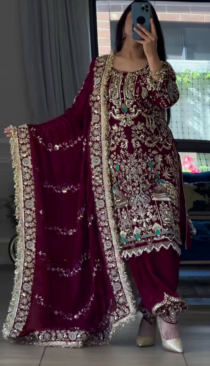 Maroon Heavy Embroidered Dhoti Salwar Suit for Women for  Wedding & Festive Wear Patiala Set with Dupatta (NF-1239)