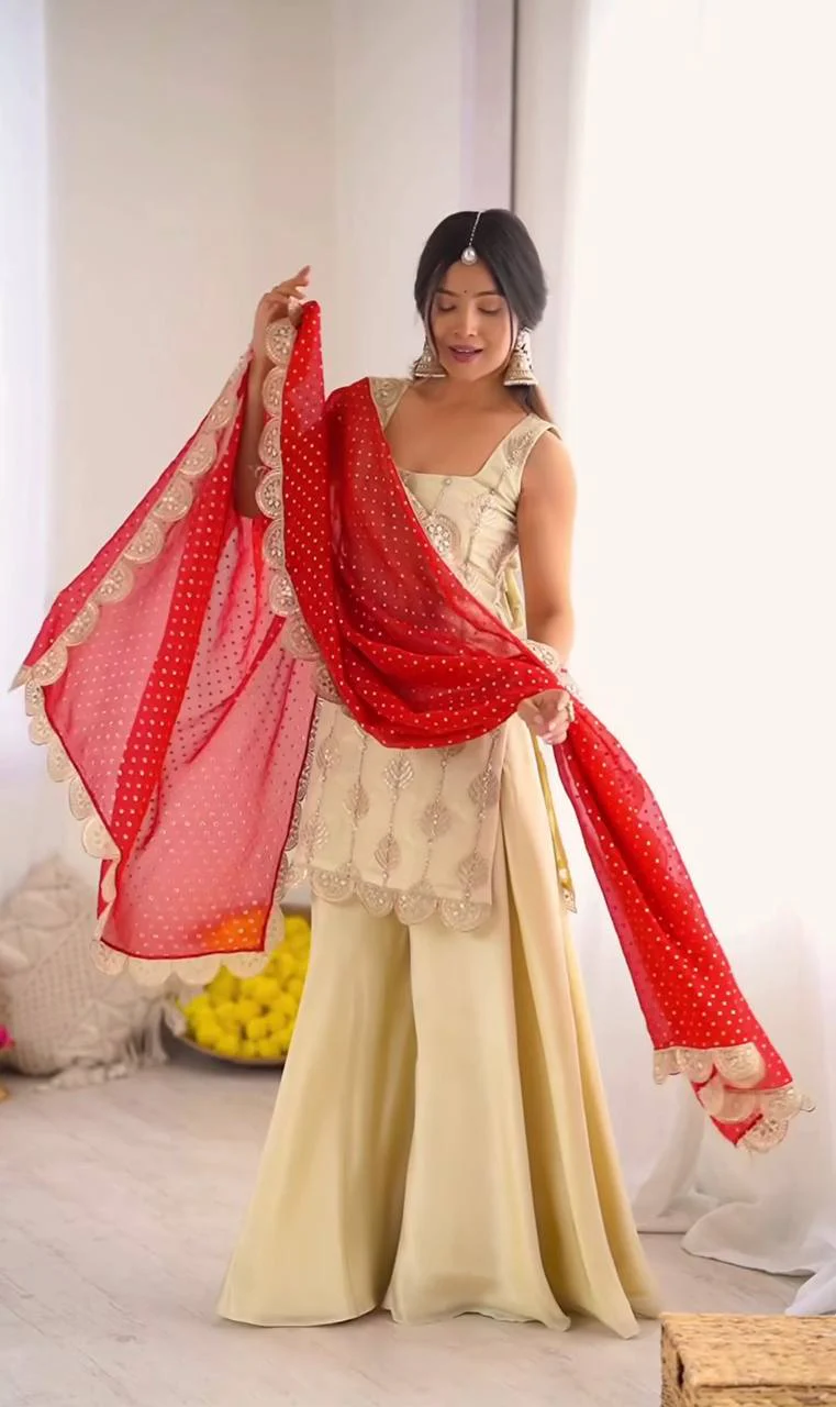 Natural Crepe Silk Embroidered Top Palazzo Set with Digital Print Dupatta - Image 4