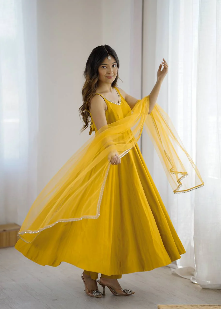 Premium Chanderi RomanSilk Anarkali with Soft Net Dupatta & Fancy Lace Work - Image 10