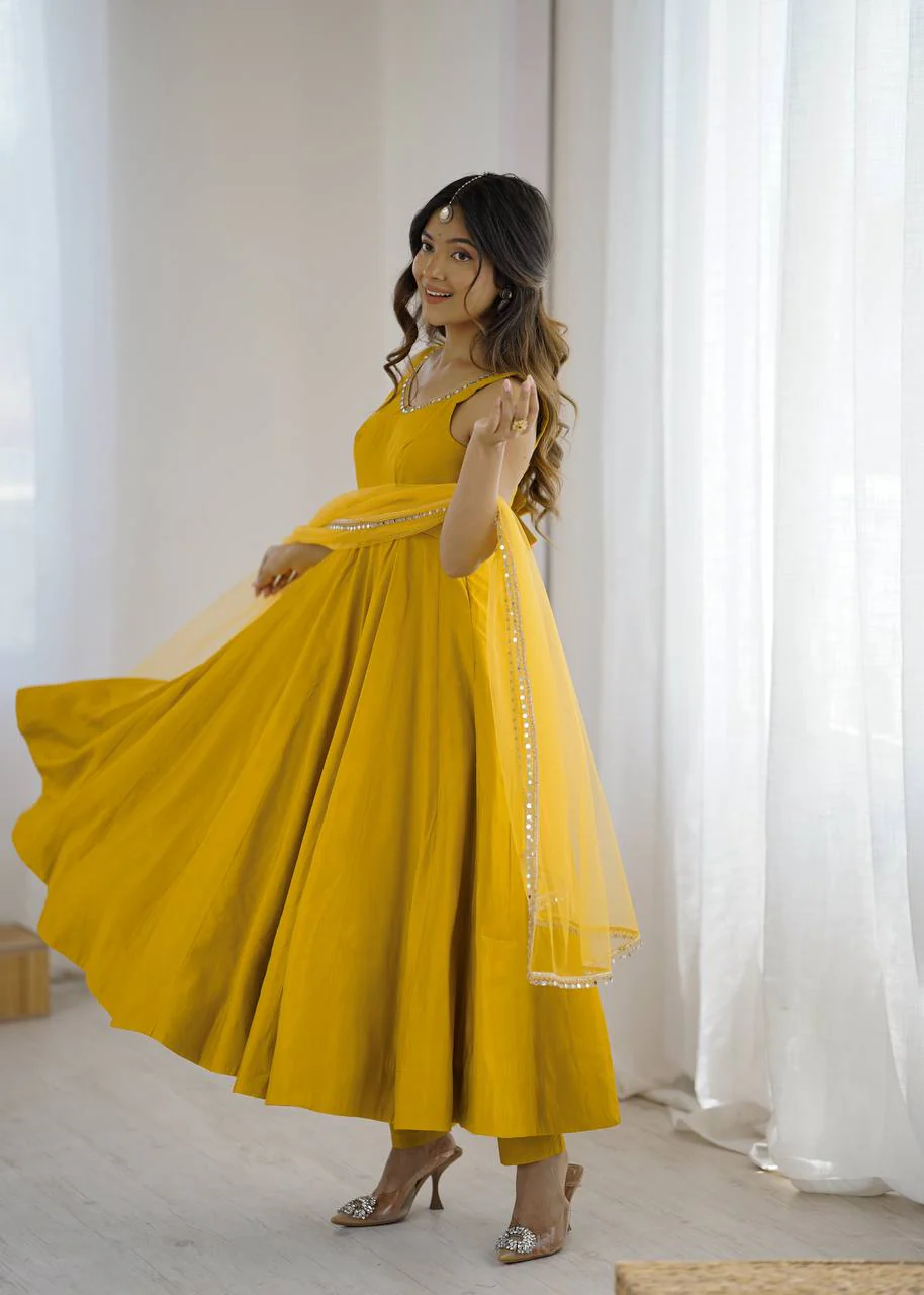 Premium Chanderi RomanSilk Anarkali with Soft Net Dupatta & Fancy Lace Work - Image 11
