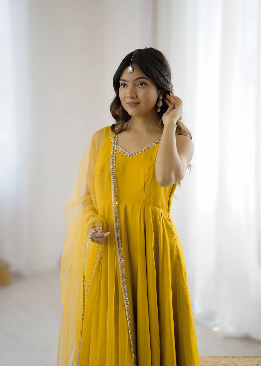 Premium Chanderi RomanSilk Anarkali with Soft Net Dupatta & Fancy Lace Work - Image 13