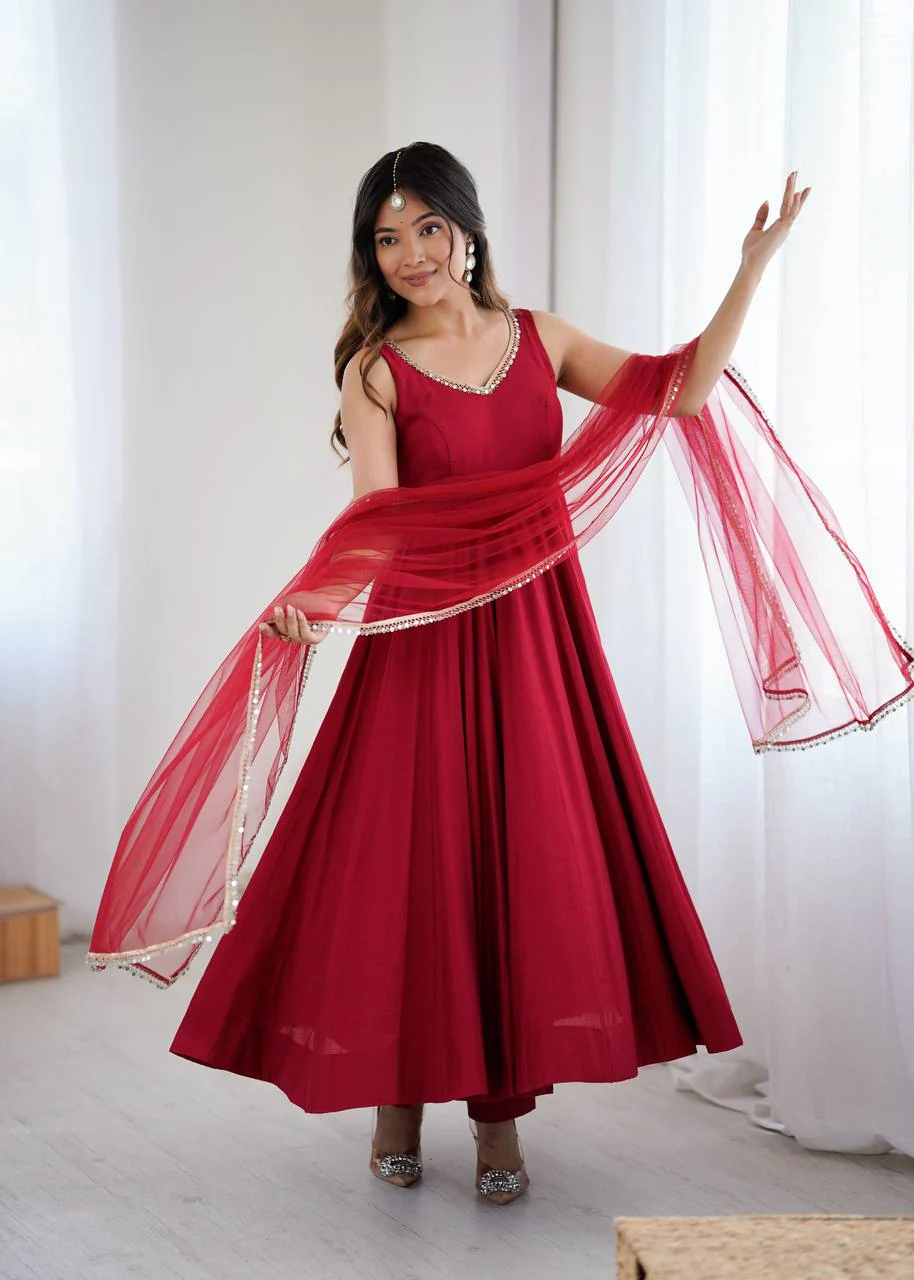 Premium Chanderi RomanSilk Anarkali with Soft Net Dupatta & Fancy Lace Work - Image 16