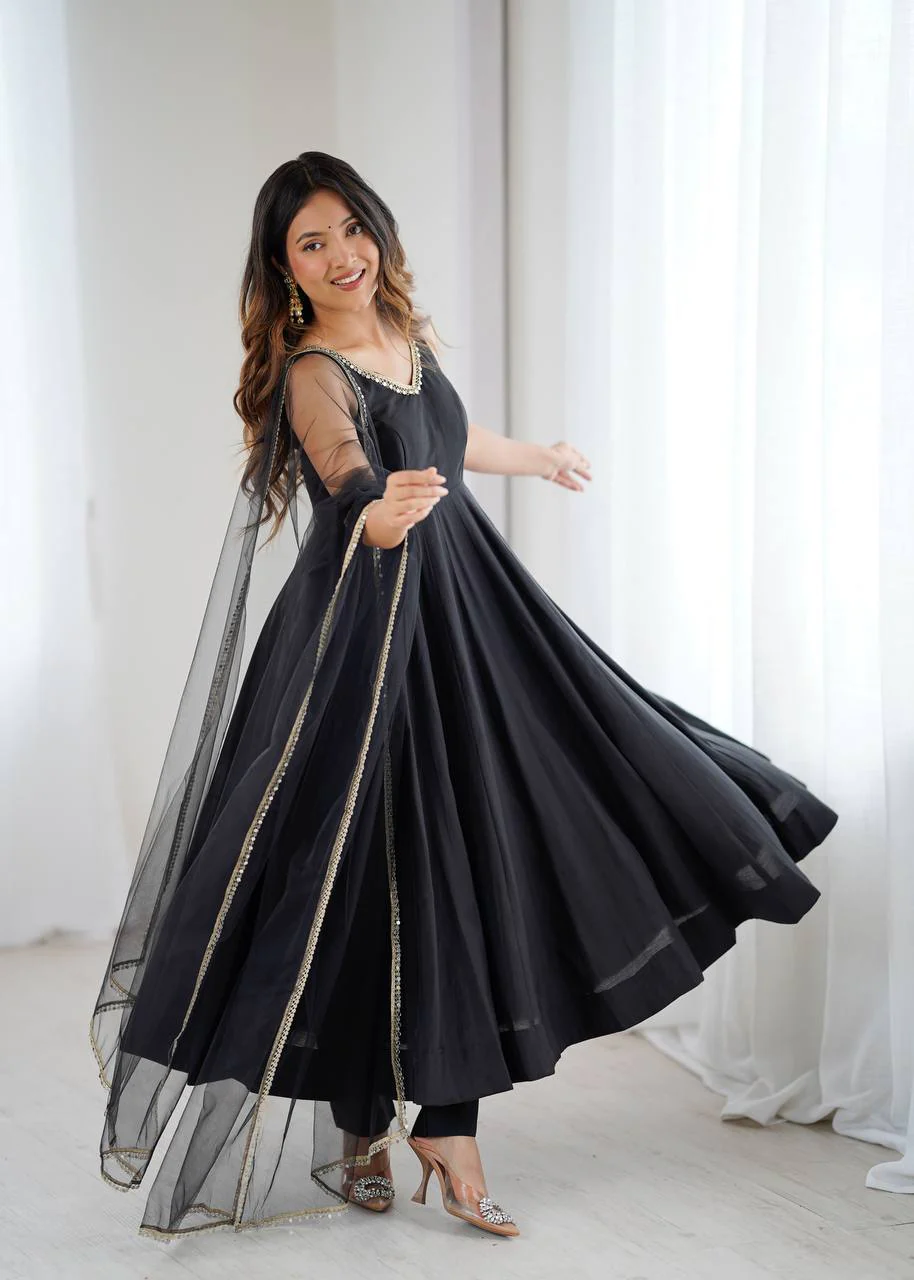Premium Chanderi RomanSilk Anarkali with Soft Net Dupatta & Fancy Lace Work - Image 17
