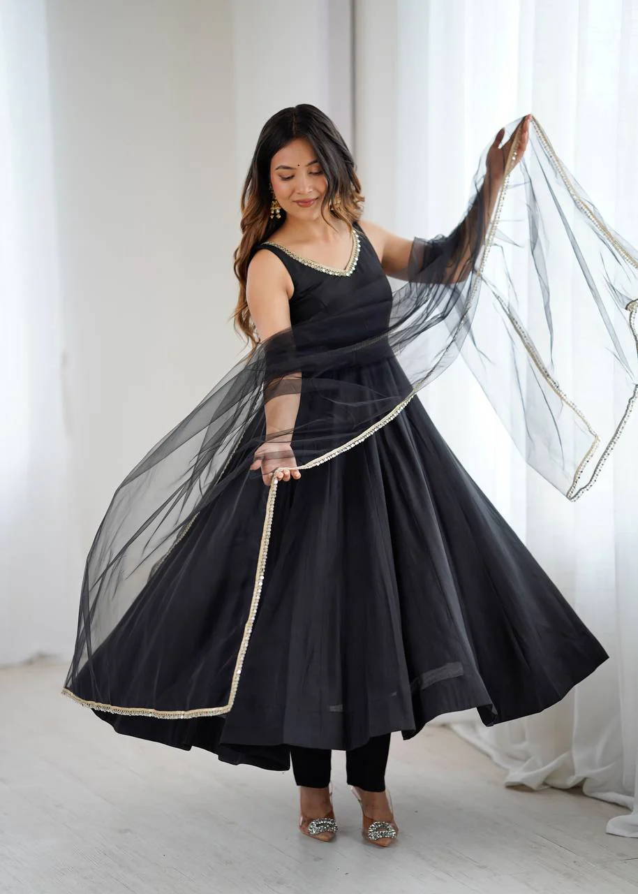Premium Chanderi RomanSilk Anarkali with Soft Net Dupatta & Fancy Lace Work - Image 18
