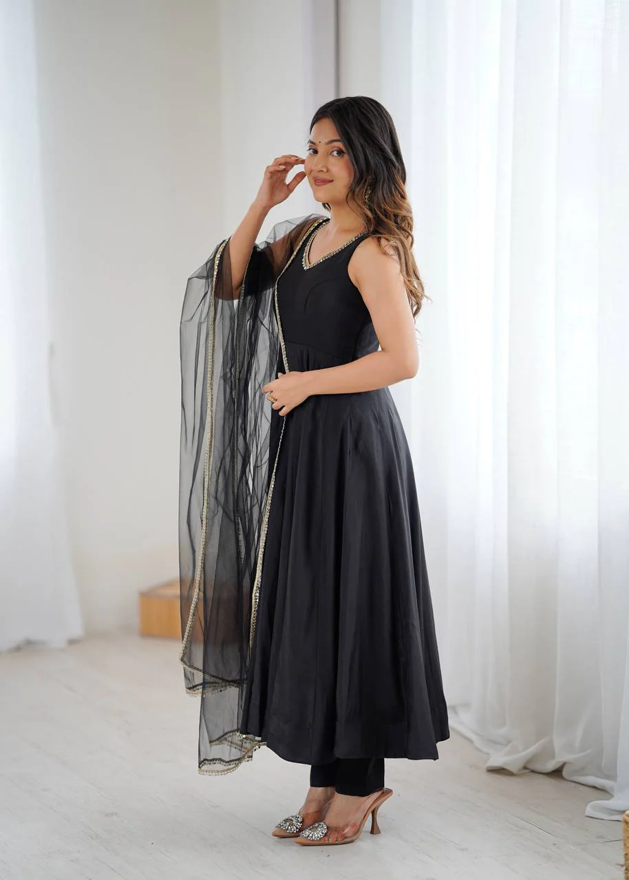 Premium Chanderi RomanSilk Anarkali with Soft Net Dupatta & Fancy Lace Work - Image 19