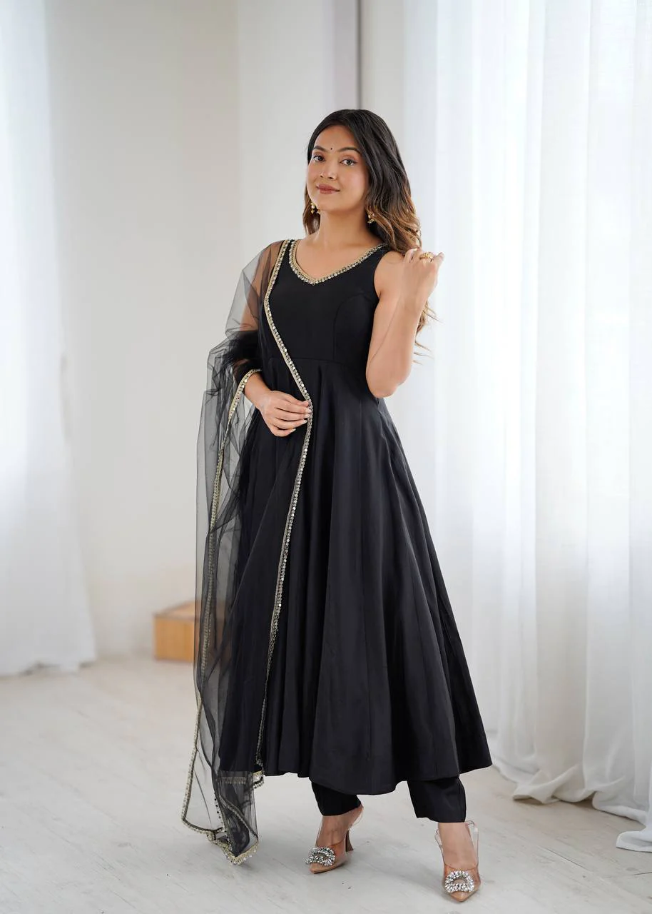 Premium Chanderi RomanSilk Anarkali with Soft Net Dupatta & Fancy Lace Work - Image 20