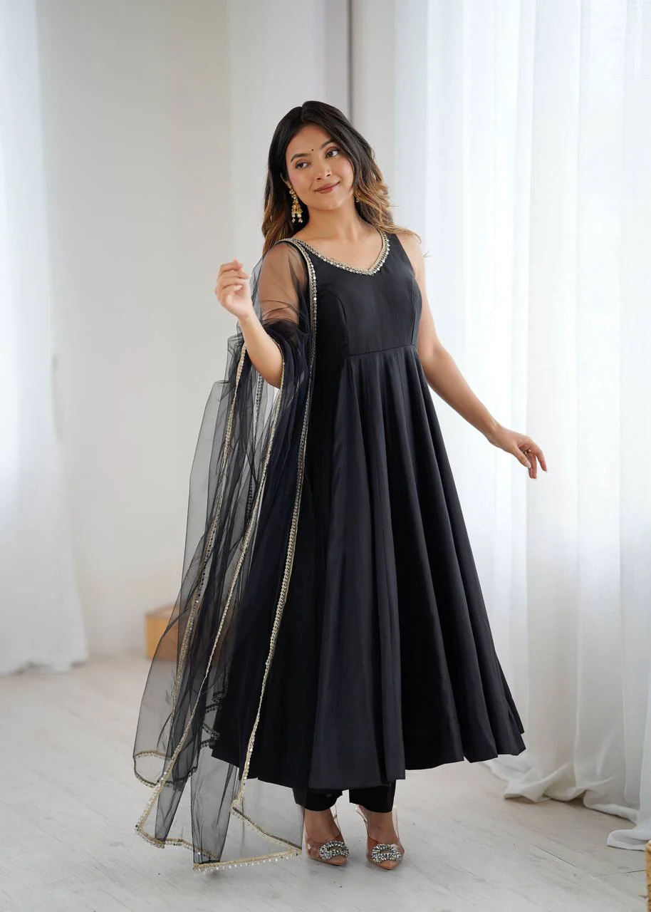 Premium Chanderi RomanSilk Anarkali with Soft Net Dupatta & Fancy Lace Work - Image 21