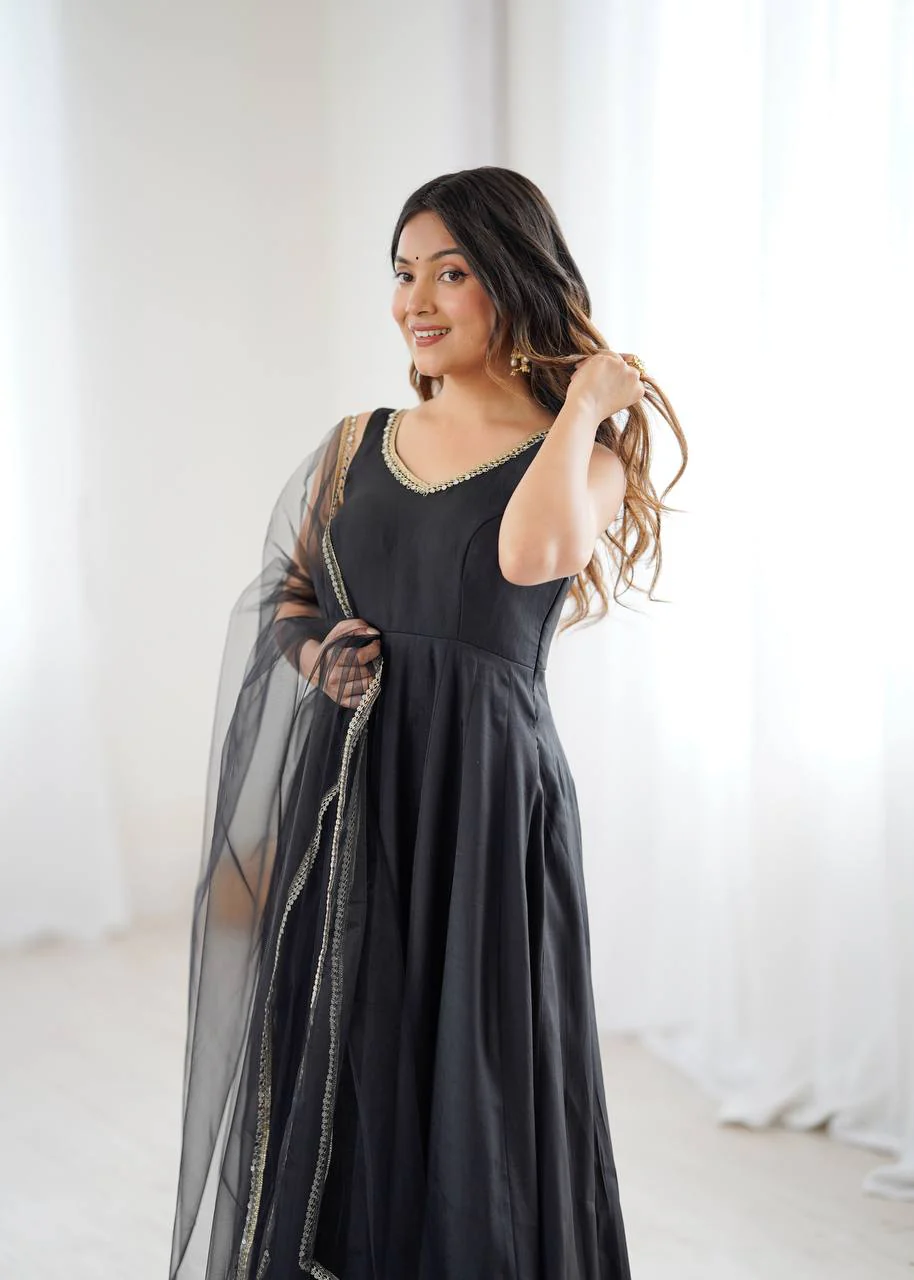 Premium Chanderi RomanSilk Anarkali with Soft Net Dupatta & Fancy Lace Work - Image 22