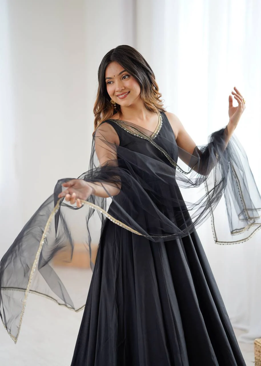 Premium Chanderi RomanSilk Anarkali with Soft Net Dupatta & Fancy Lace Work - Image 25
