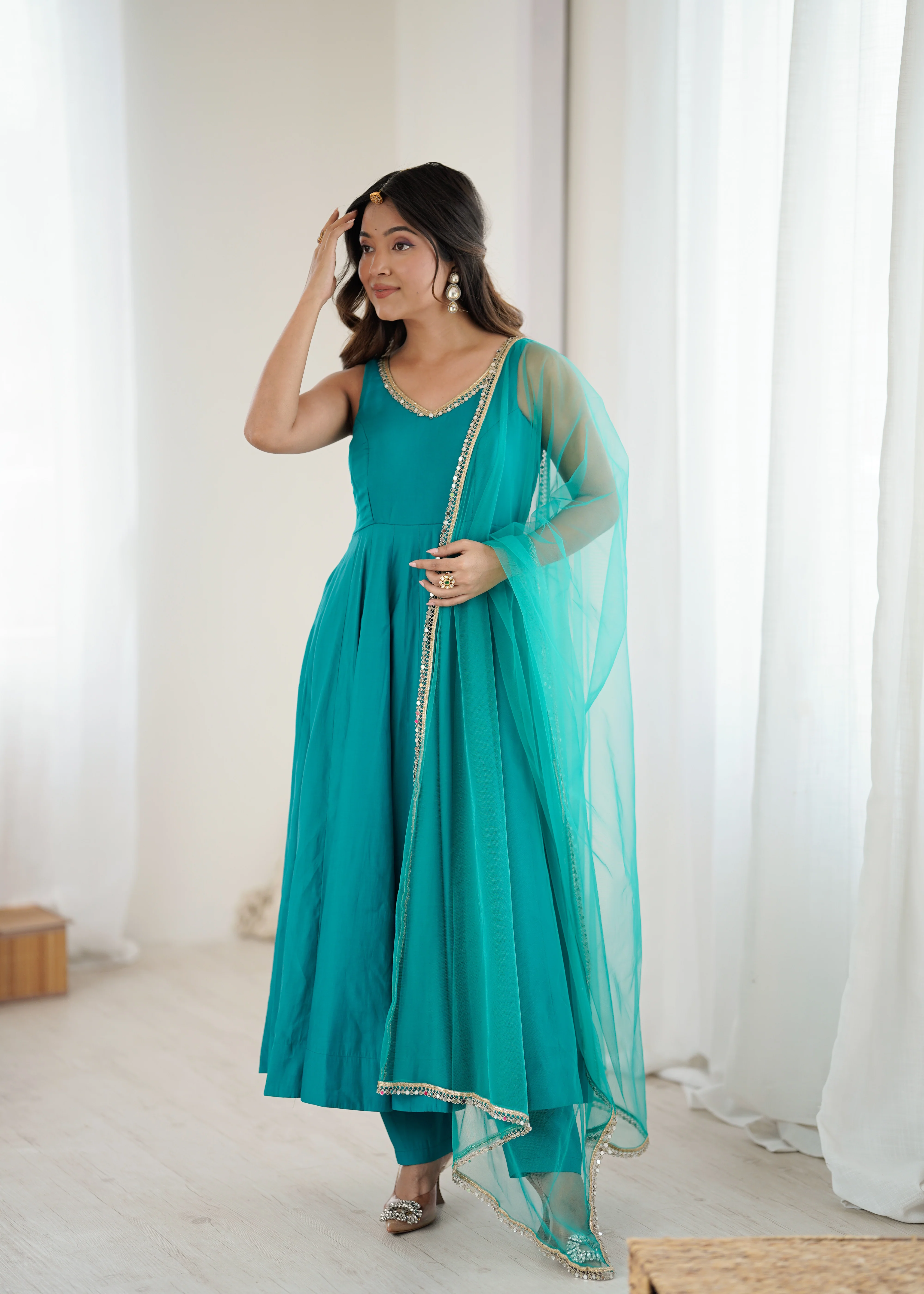 Premium Chanderi RomanSilk Anarkali with Soft Net Dupatta & Fancy Lace Work - Image 3
