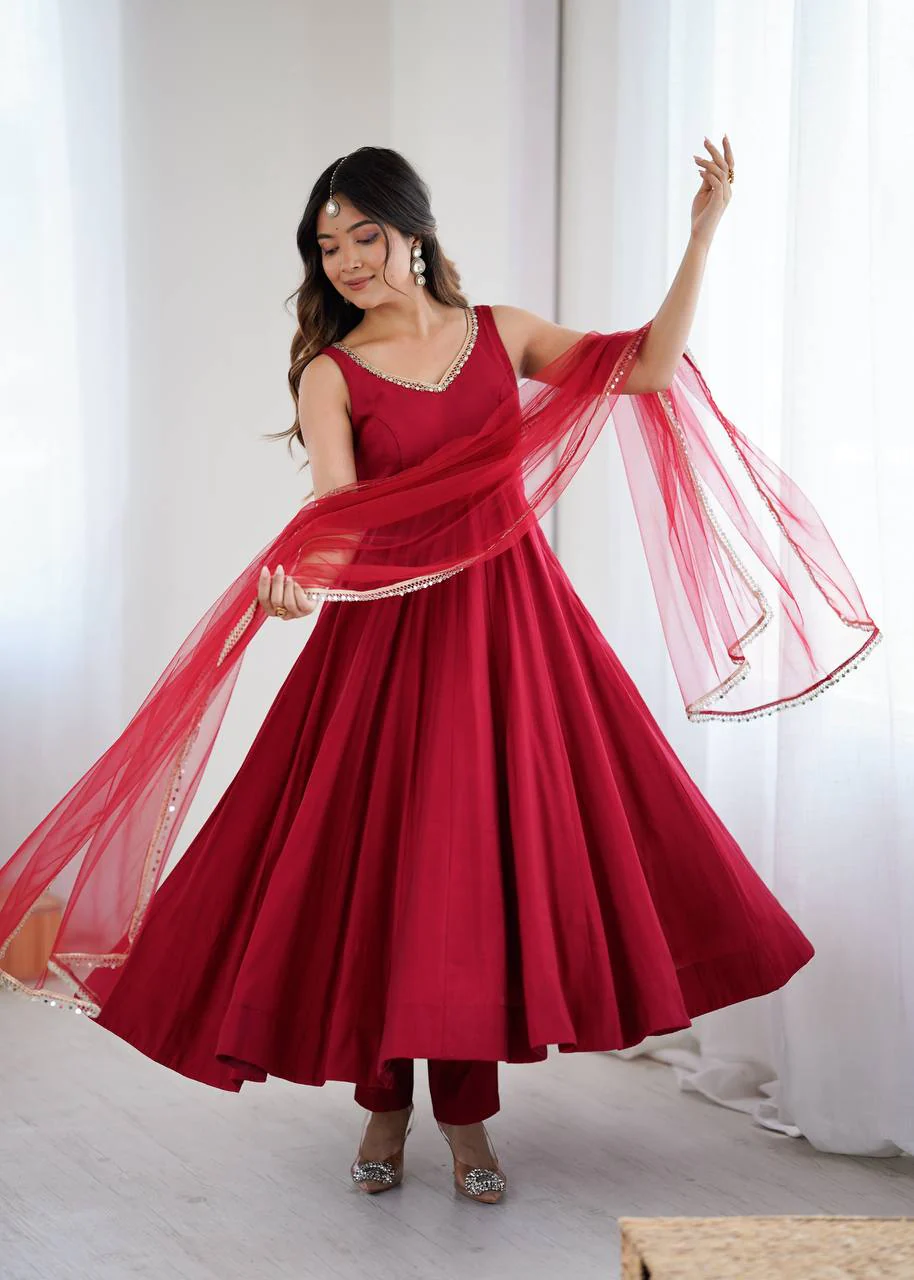 Premium Chanderi RomanSilk Anarkali with Soft Net Dupatta & Fancy Lace Work - Image 33
