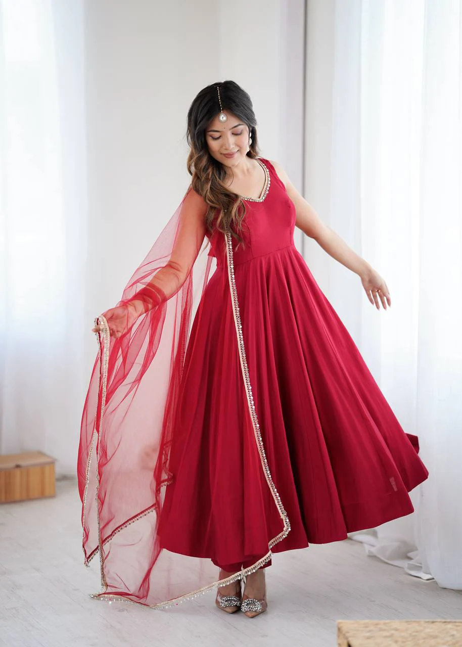 Premium Chanderi RomanSilk Anarkali with Soft Net Dupatta & Fancy Lace Work - Image 34