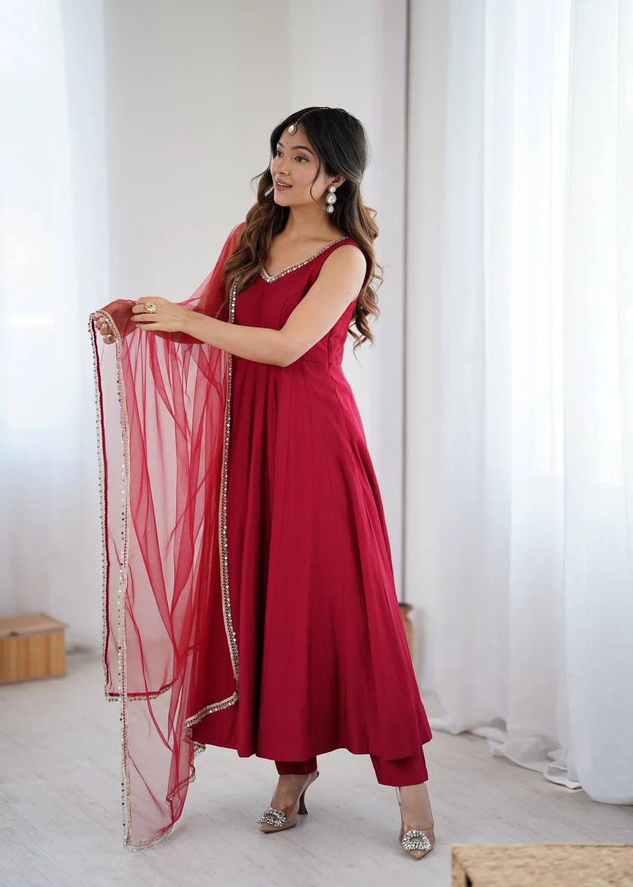 Premium Chanderi RomanSilk Anarkali with Soft Net Dupatta & Fancy Lace Work - Image 35