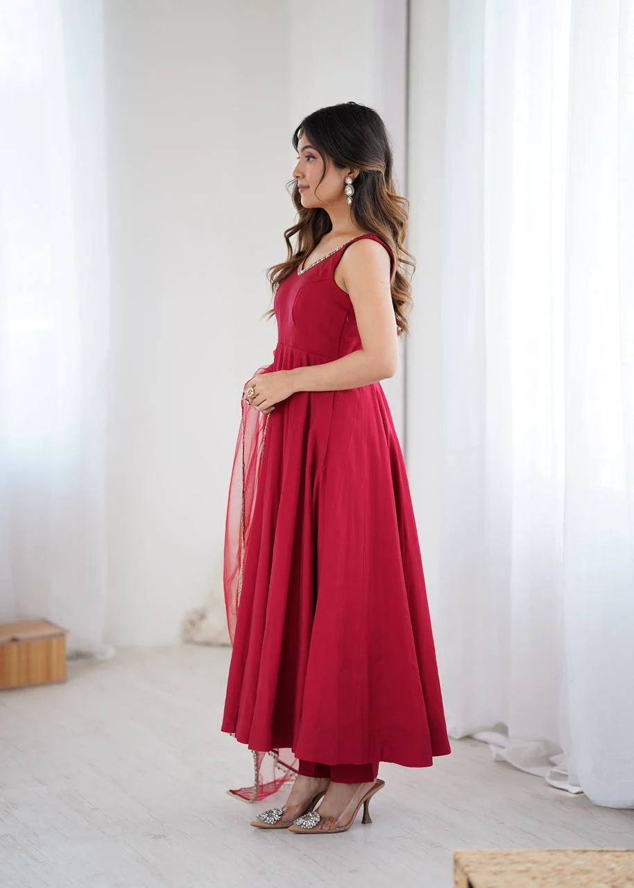 Premium Chanderi RomanSilk Anarkali with Soft Net Dupatta & Fancy Lace Work - Image 36