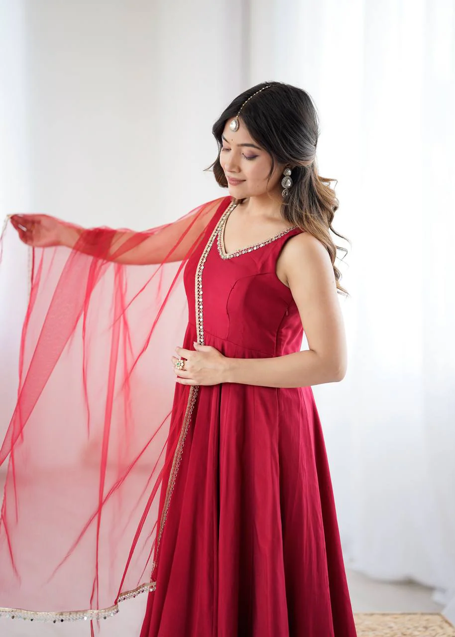 Premium Chanderi RomanSilk Anarkali with Soft Net Dupatta & Fancy Lace Work - Image 37