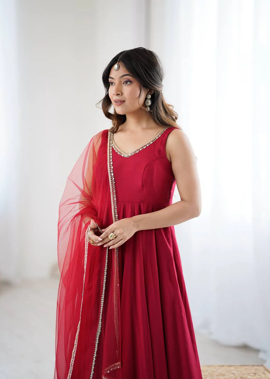 Premium Chanderi RomanSilk Anarkali with Soft Net Dupatta & Fancy Lace Work - Image 38