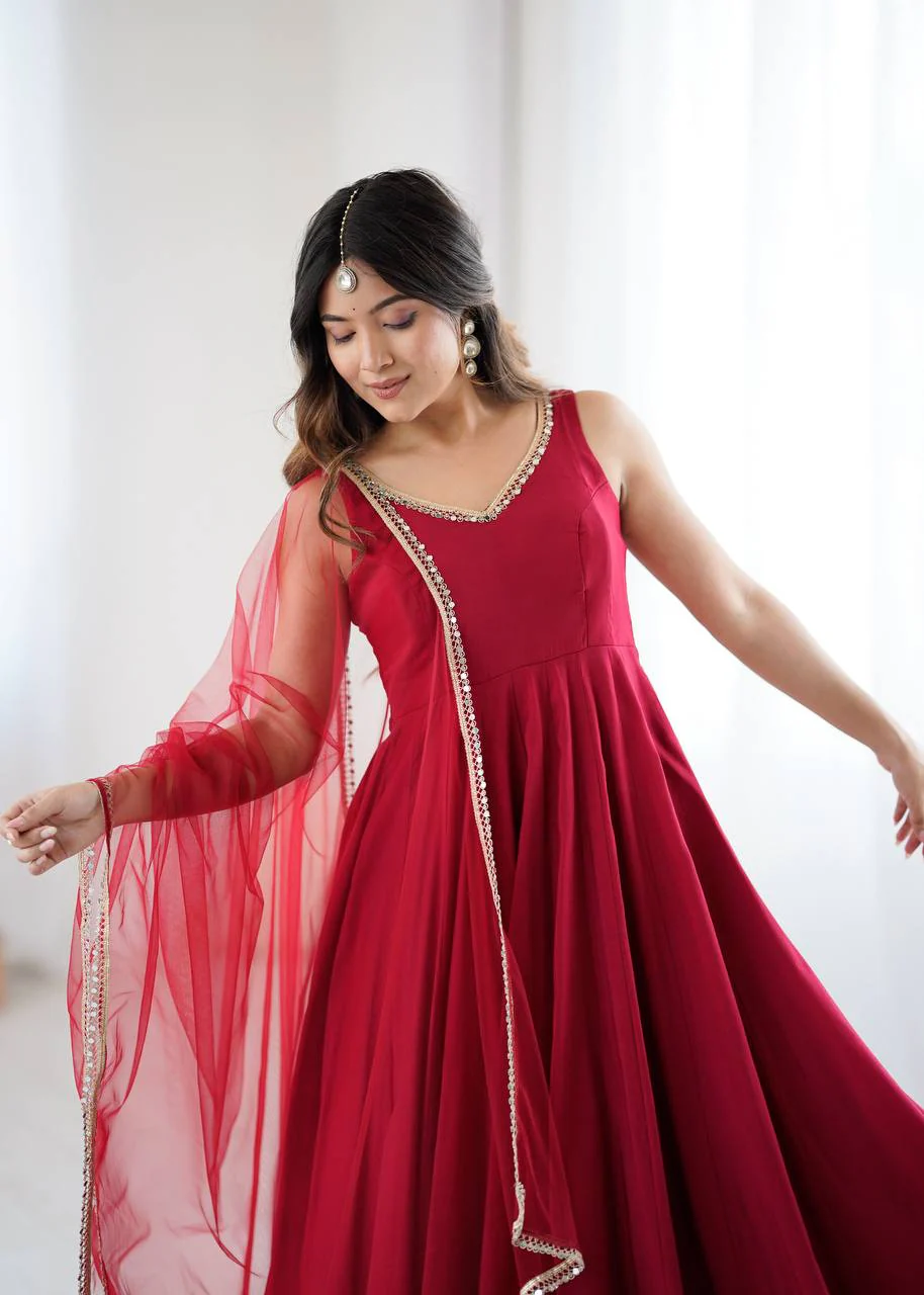 Premium Chanderi RomanSilk Anarkali with Soft Net Dupatta & Fancy Lace Work - Image 39