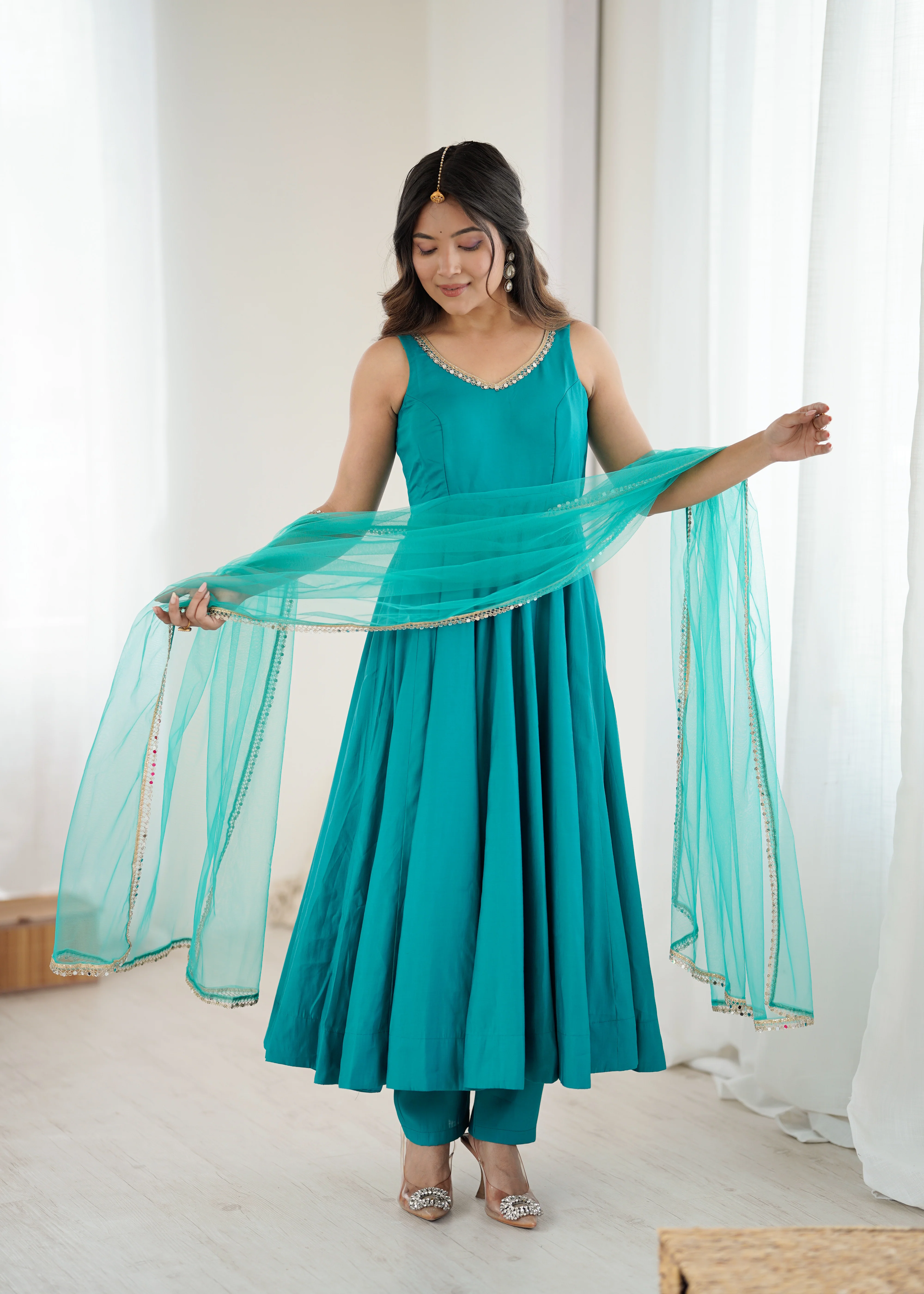 Premium Chanderi RomanSilk Anarkali with Soft Net Dupatta & Fancy Lace Work - Image 4