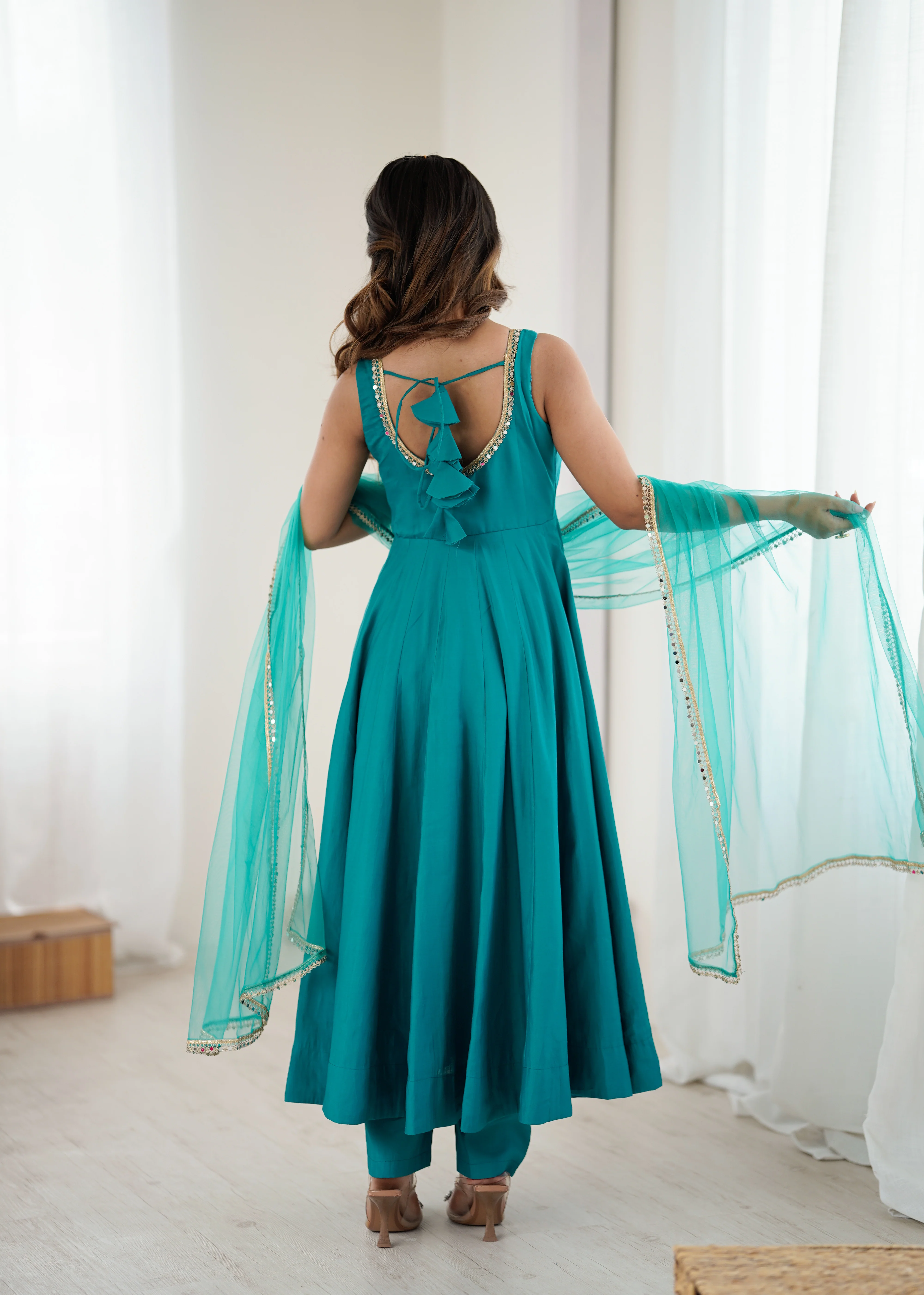 Premium Chanderi RomanSilk Anarkali with Soft Net Dupatta & Fancy Lace Work - Image 5