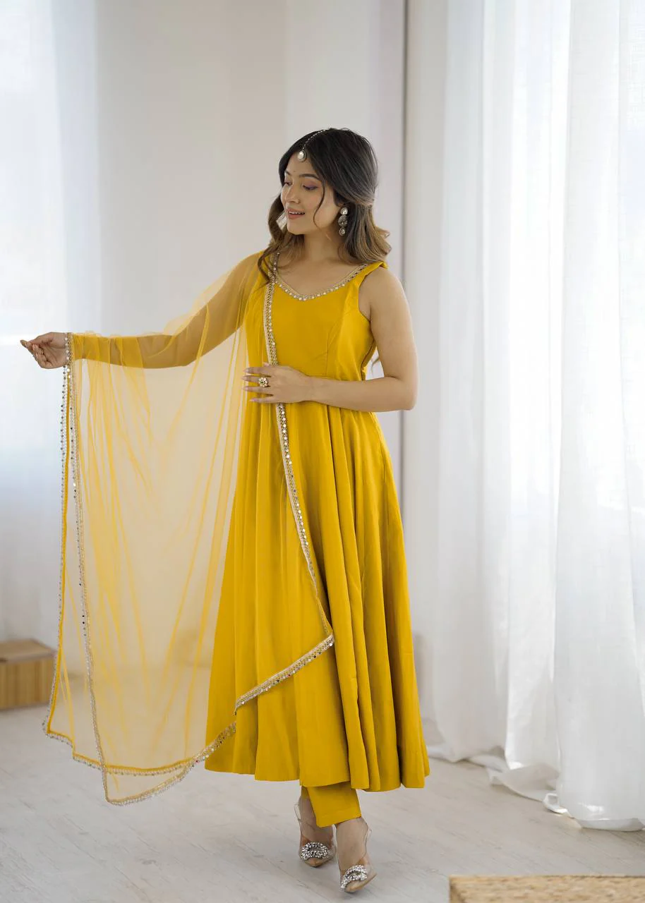 Premium Chanderi RomanSilk Anarkali with Soft Net Dupatta & Fancy Lace Work - Image 7