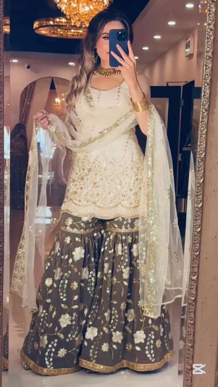 Premium Heavy Chinnon Silk Embroidered Sharara Set with Butterfly Net Dupatta - Image 2