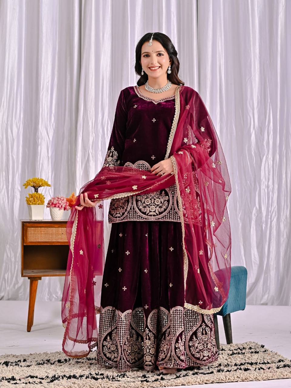 Premium Heavy Viscous Velvet Sharara Set with Multi Needle Sequence Embroidery & Butterfly Net Dupatta | Fully Stitched Party Wear Suit - Image 3
