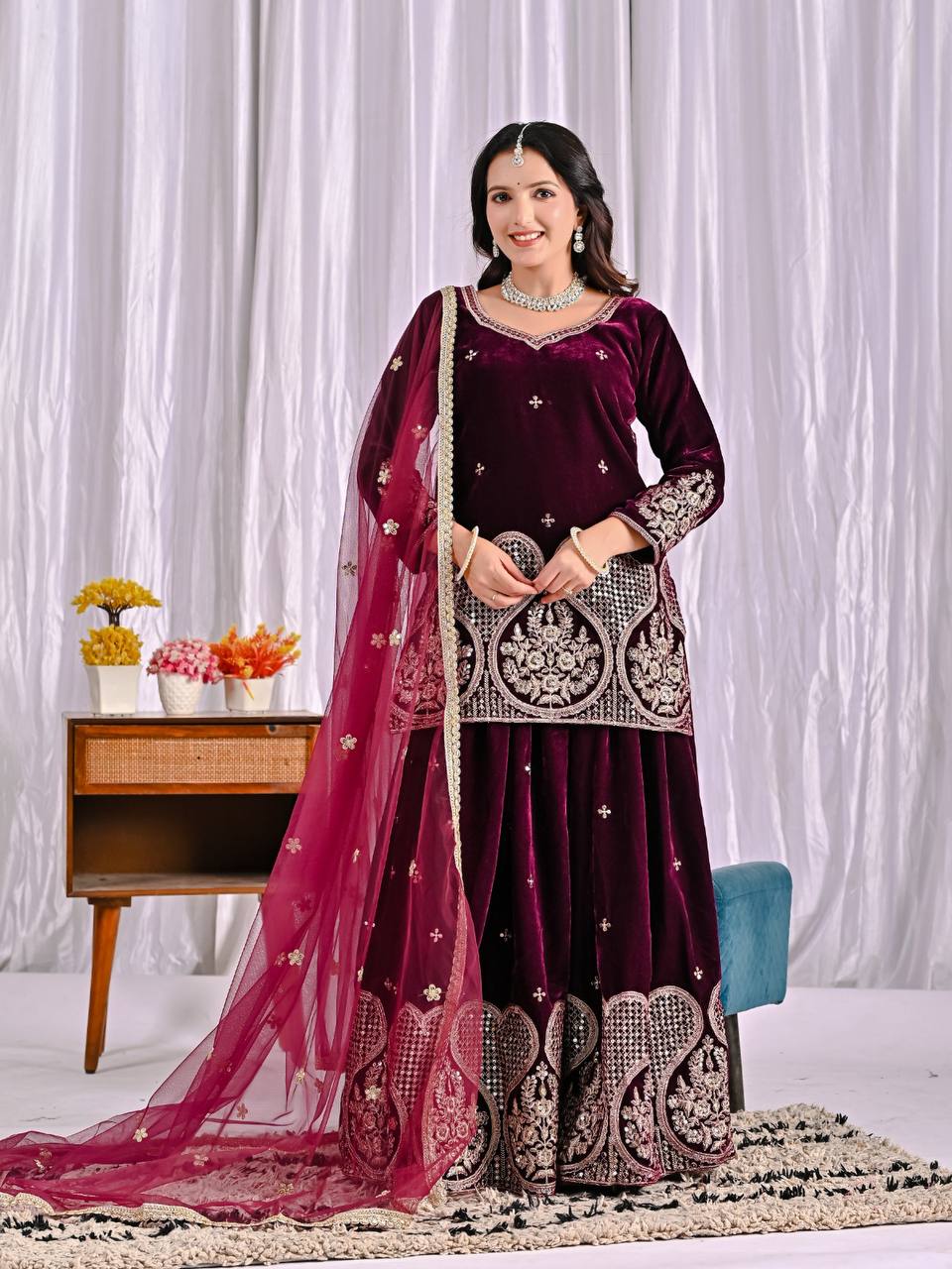 Premium Heavy Viscous Velvet Sharara Set with Multi Needle Sequence Embroidery & Butterfly Net Dupatta | Fully Stitched Party Wear Suit - Image 4