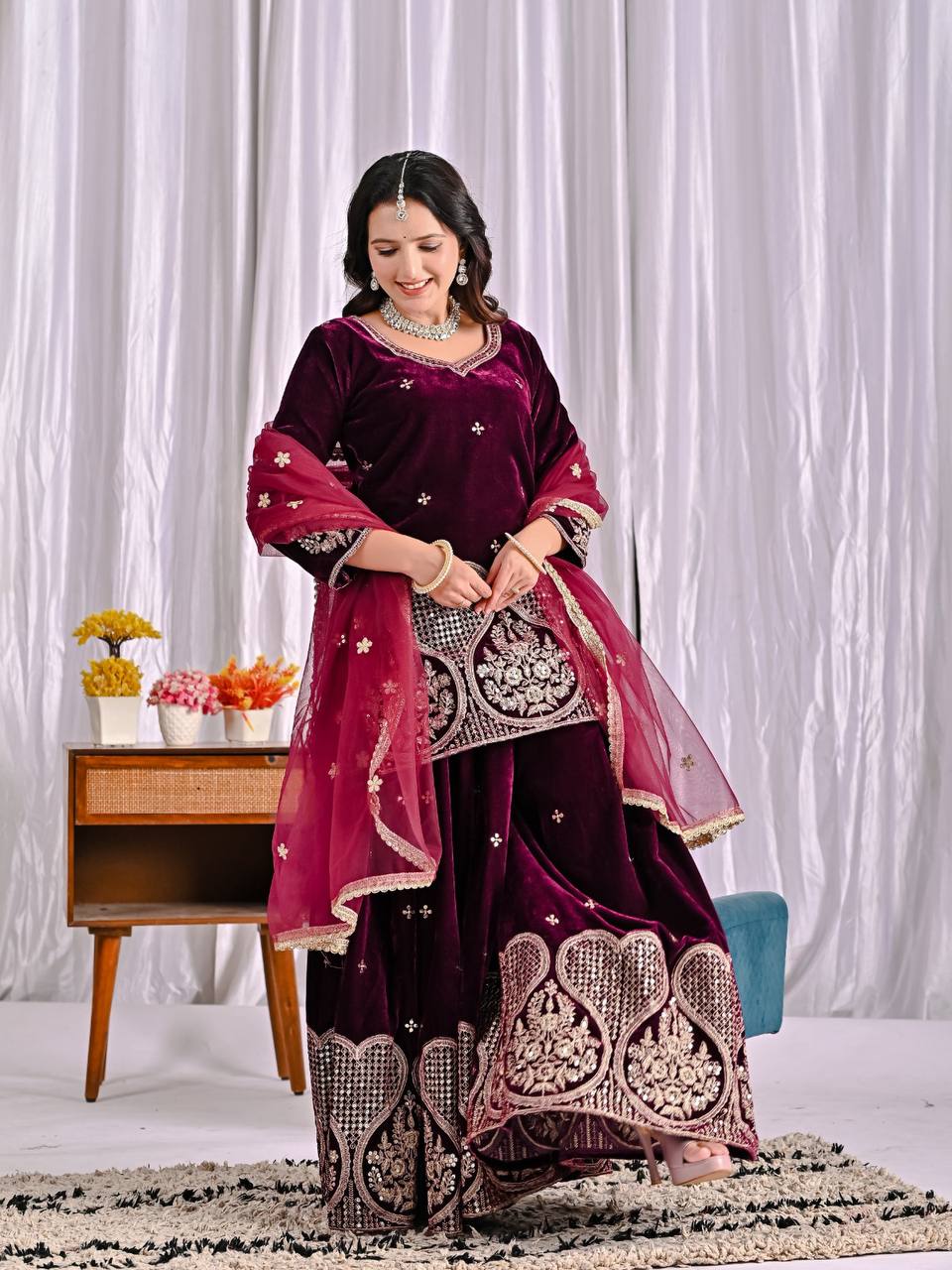 Premium Heavy Viscous Velvet Sharara Set with Multi Needle Sequence Embroidery & Butterfly Net Dupatta | Fully Stitched Party Wear Suit - Image 8