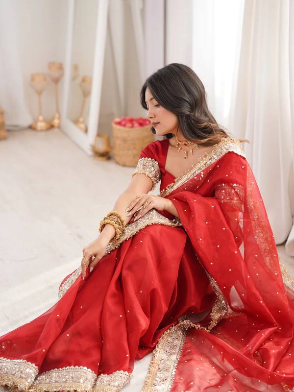 Premium Kumkum Red Saree with Mirror Work & Fancy Lace Border | Party Wear| Family Functions |Traditional Events - Image 3