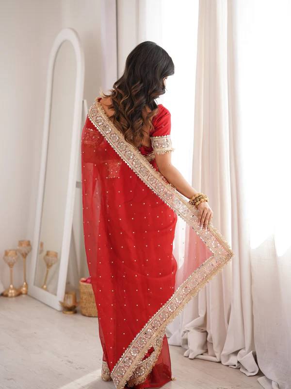 Premium Kumkum Red Saree with Mirror Work & Fancy Lace Border | Party Wear| Family Functions |Traditional Events - Image 4