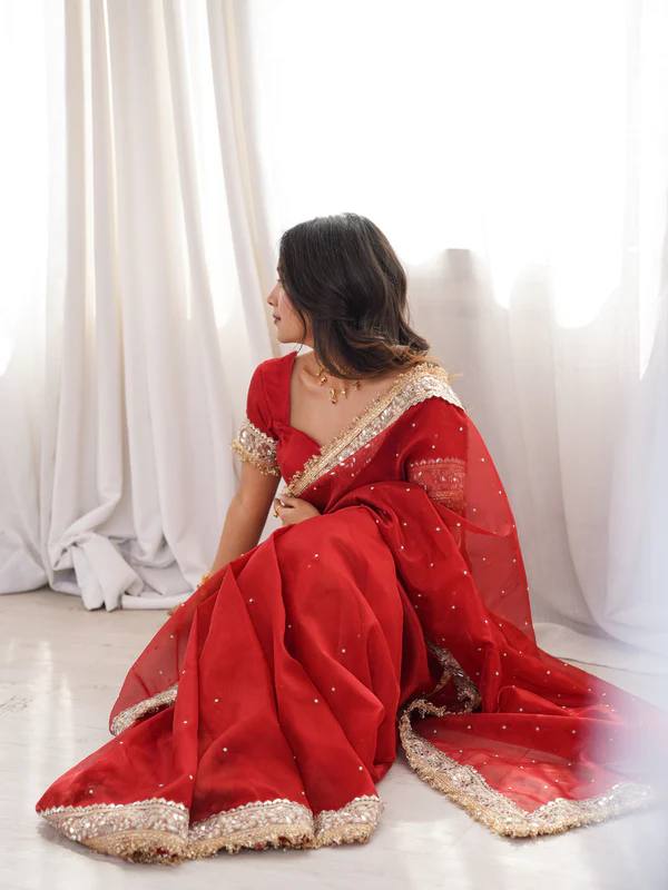 Premium Kumkum Red Saree with Mirror Work & Fancy Lace Border | Party Wear| Family Functions |Traditional Events - Image 5