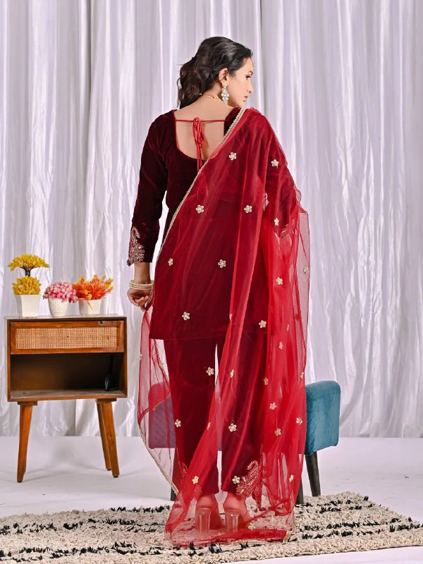 Premium Velvet Embroidered Suit Set With Fancy Dupatta | Fully Stitched Party Wear - Image 8