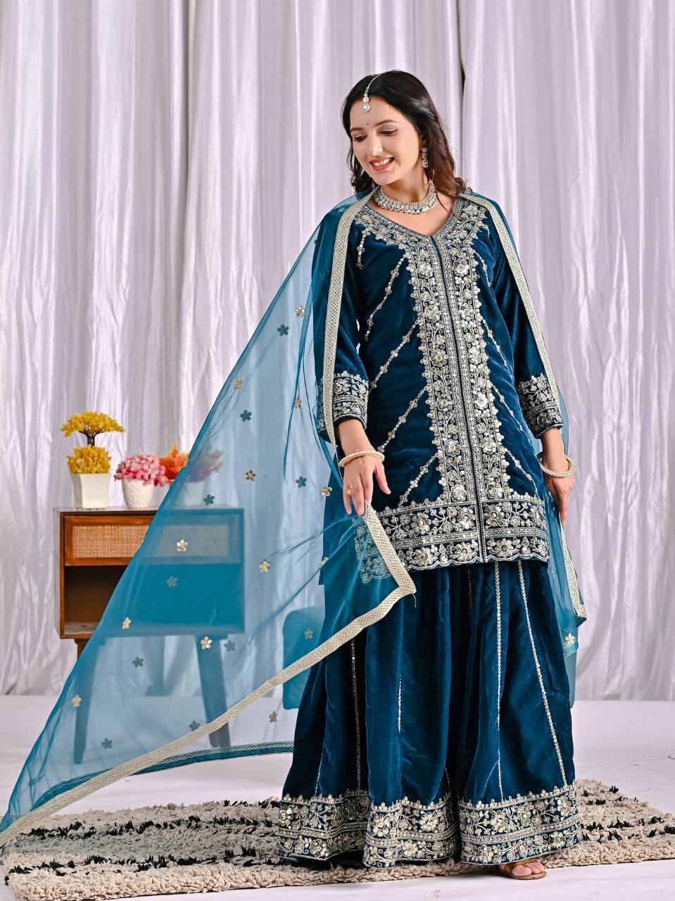 “Premium Viscose Velvet Heavy Embroidered Sharara Set – Full Sleeves | Party & Wedding Wear” - Image 3