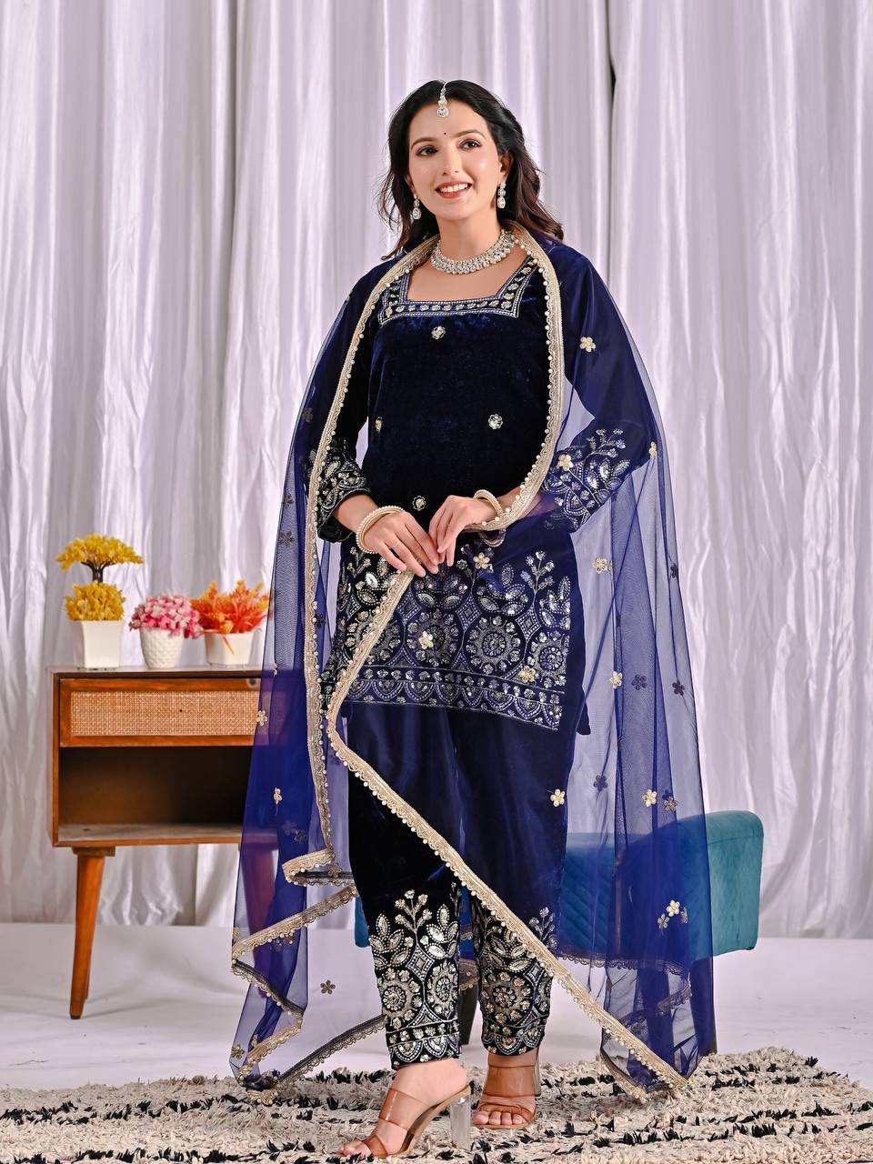 “Premium Viscose Velvet Heavy Embroidered Suit Set with Designer Pant  Net Dupatta” - Image 4