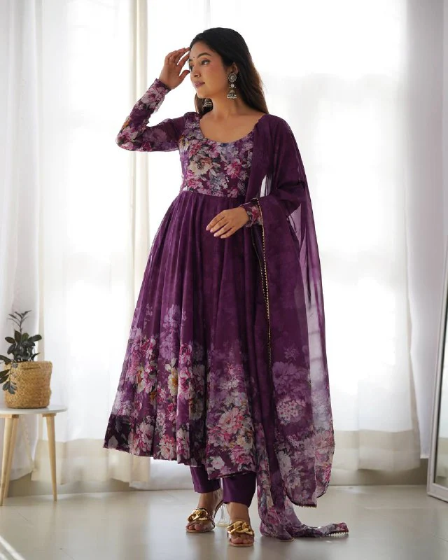 Pure Soft Organza Silk Fully Flared Kali Cut Anarkali Suit Set with Dupatta & Pant - Image 11