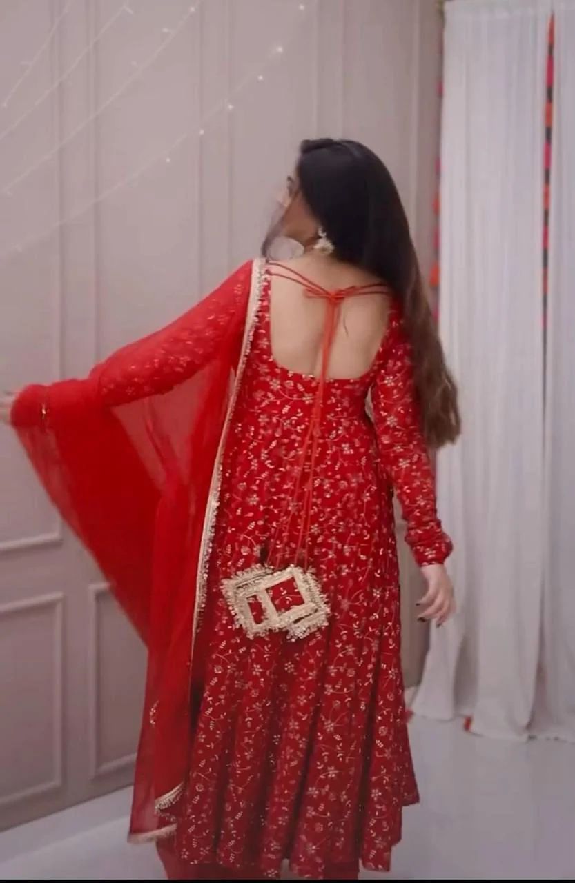 Red Embroidered Anarkali Suit with Dupatta for Women | Designer Party Wear Kurta Set for Wedding & Festive - Image 4