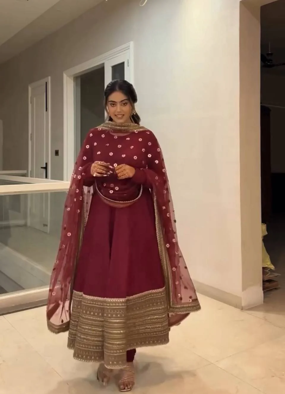 Royal Roman Silk Party Wear Gown with Heavy Embroidery - Image 4