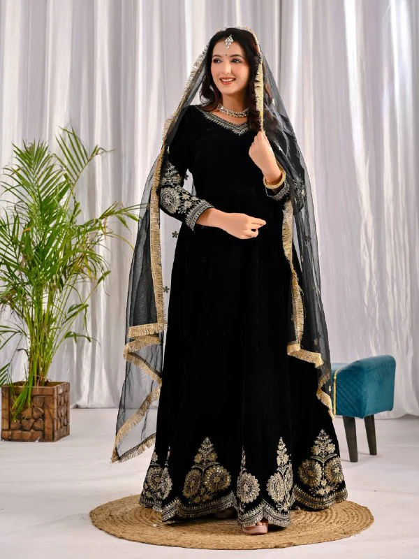 Royal Velvet Embroidered Anarkali Suit Set With Fancy Dupatta | Fully Stitched Premium Party Wear - Image 7