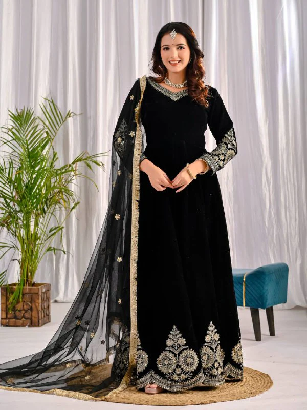 Royal Velvet Embroidered Anarkali Suit Set With Fancy Dupatta | Fully Stitched Premium Party Wear - Image 8