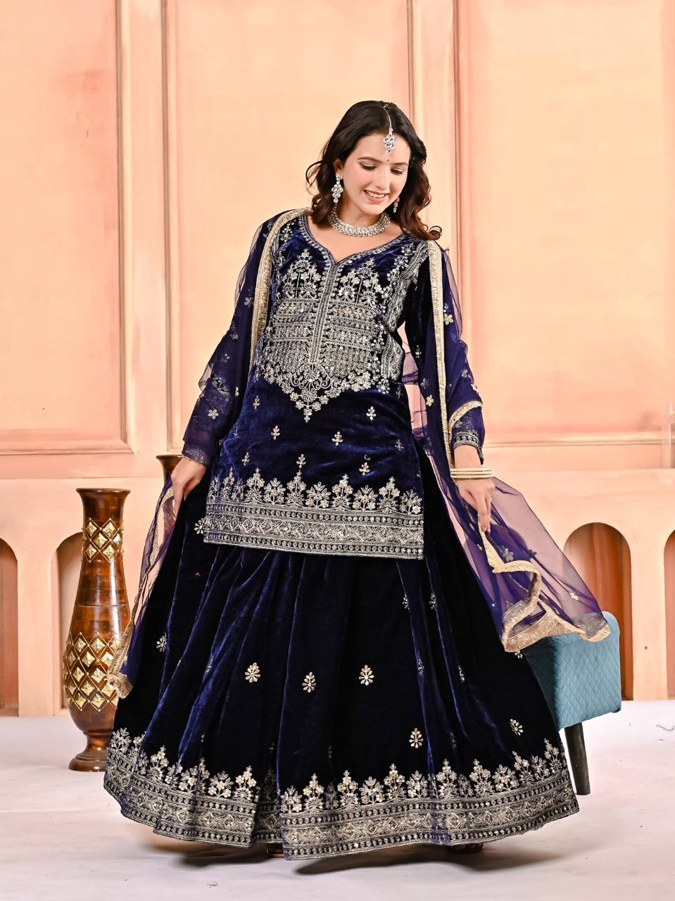 Royal Velvet Embroidery Sharara Palazzo with Fancy Dupatta - Image 4