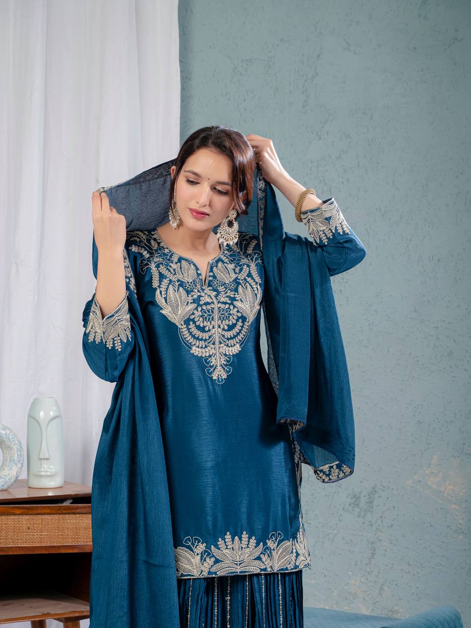 Sharara suit in a unique c.green color with chinnon fabric and coading embroidery - Image 3