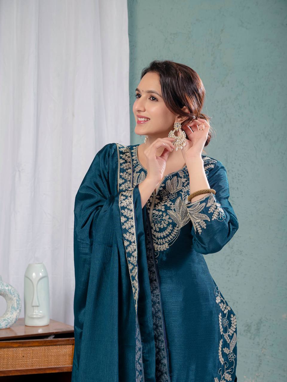 Sharara suit in a unique c.green color with chinnon fabric and coading embroidery - Image 4