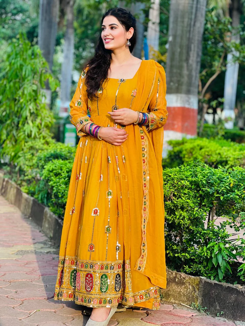 Shine bright with our vivid yellow Anarkali gown, which is the ideal fusion of classic style, sophistication, and contemporary function charm. - Image 3