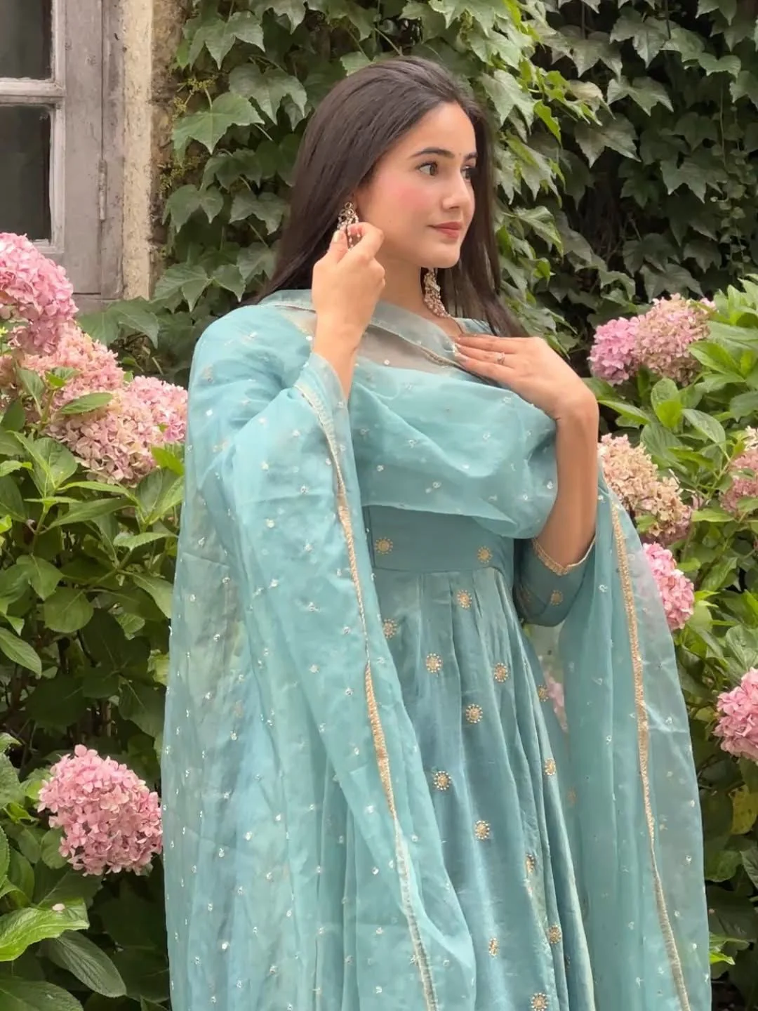 Sky Blue Designer Anarkali Suit for Women | Fendy Silk Embroidery Gown Set - Image 6