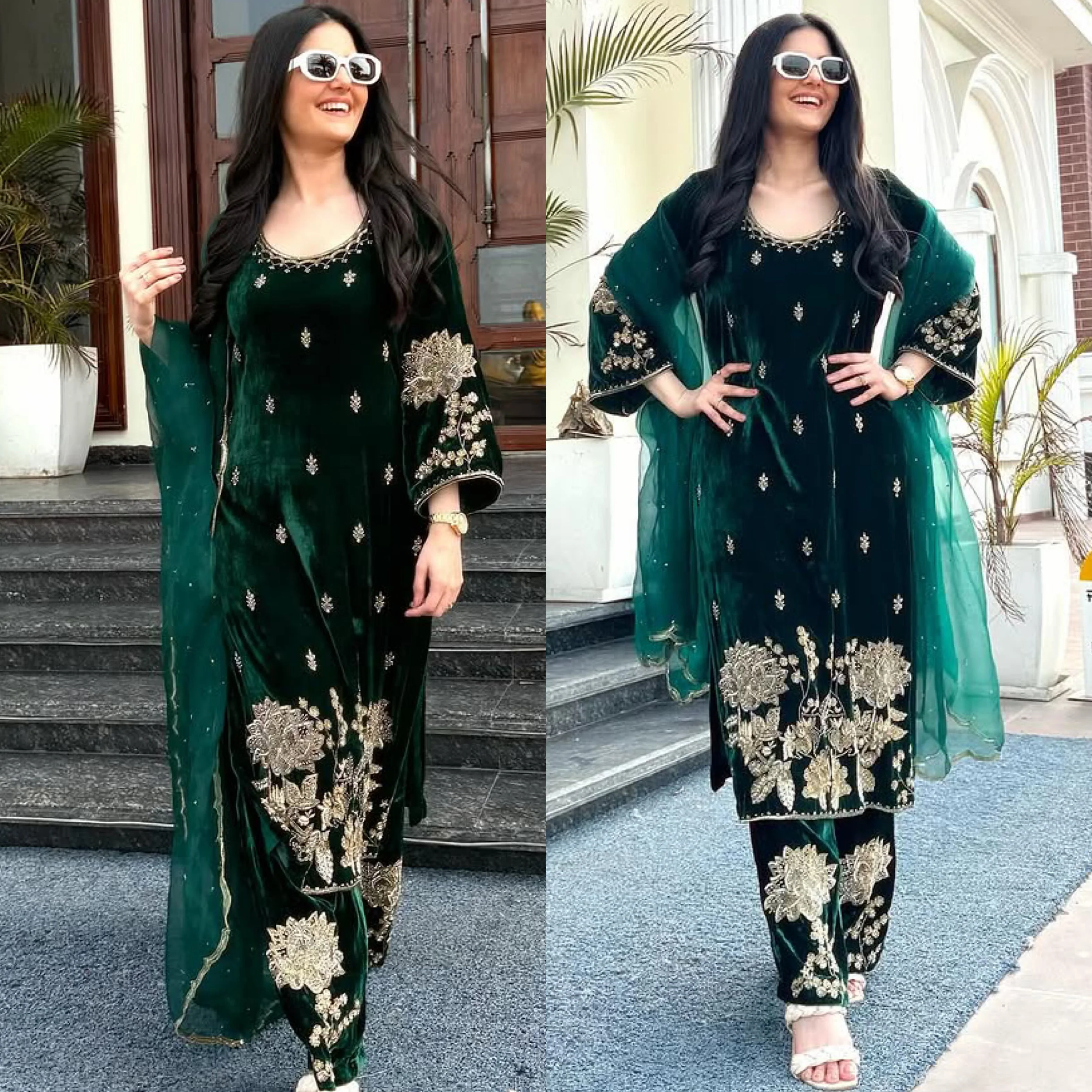 Premium Dark Green Velvet Embroidered Suit for Women | Heavy Work Party & Wedding Wear - Image 4