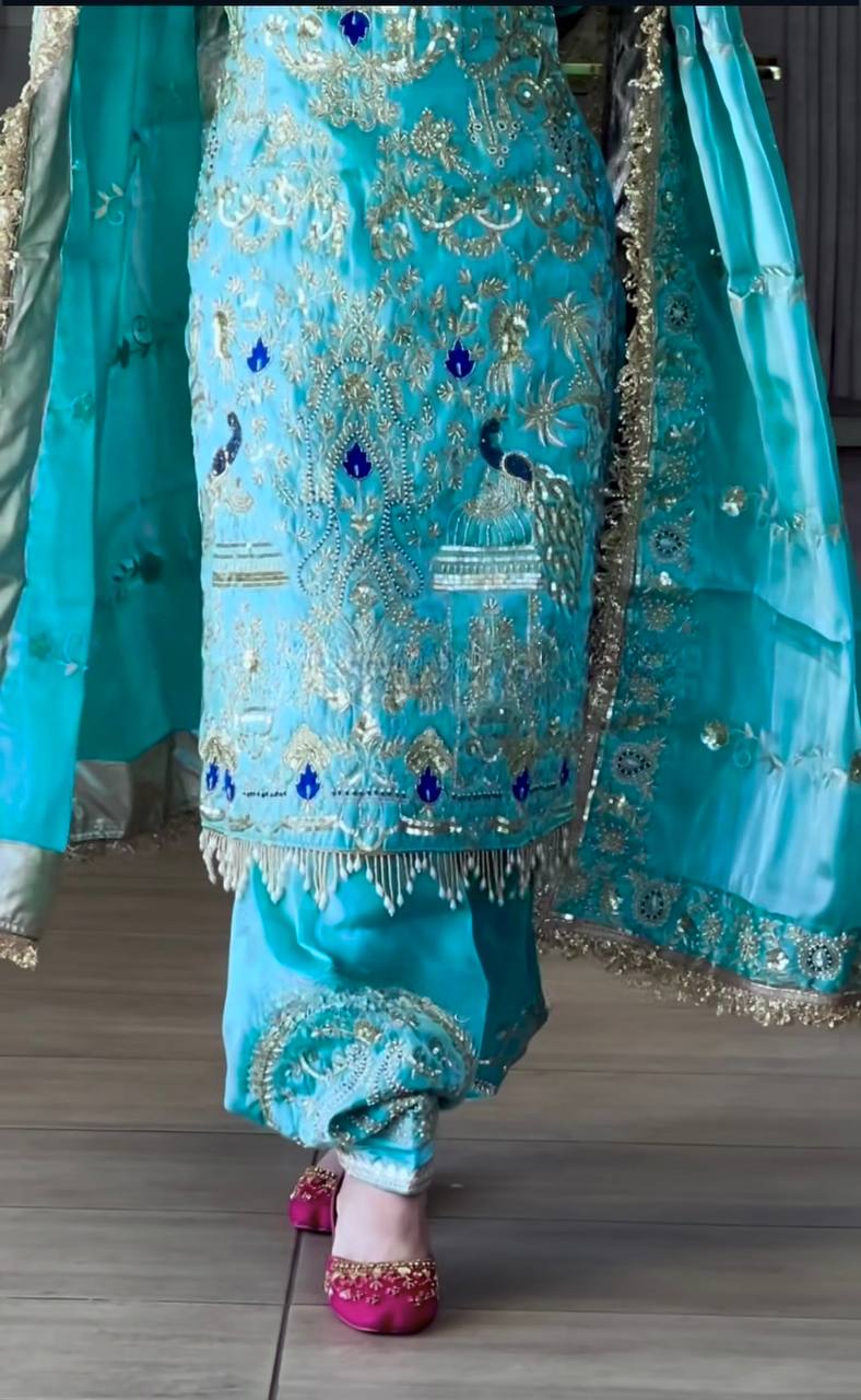 Teal Blue Dhoti Salwar Suit Set for Women | Heavy Embroidered Natural Crepe Fabric | Party & Festive Wear (NF-1239) - Image 3