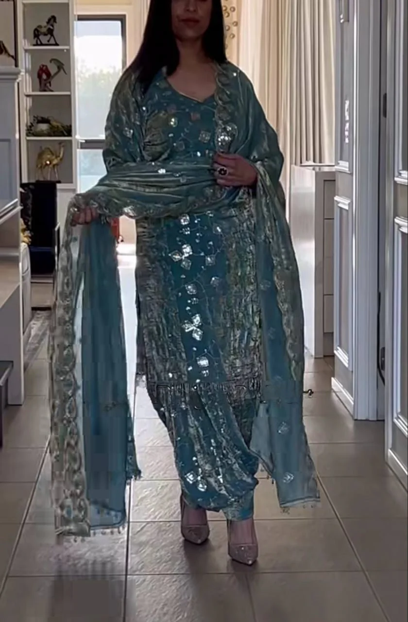 Teal Blue Silk Dhoti Salwar Suit with Embroidery Work & Embroidered Dupatta | Party & Wedding Wear Dress - Image 2