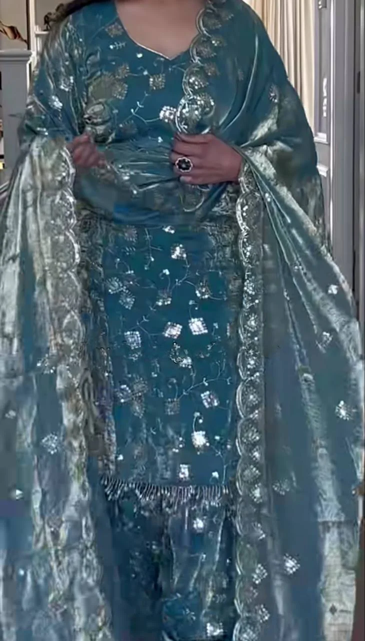 Teal Blue Silk Dhoti Salwar Suit with Embroidery Work & Embroidered Dupatta | Party & Wedding Wear Dress - Image 3